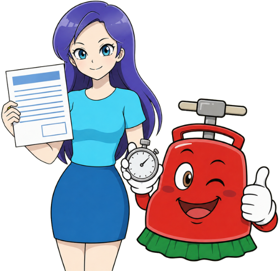 キララとポリ太郎が見積書とストップウォッチをご案内